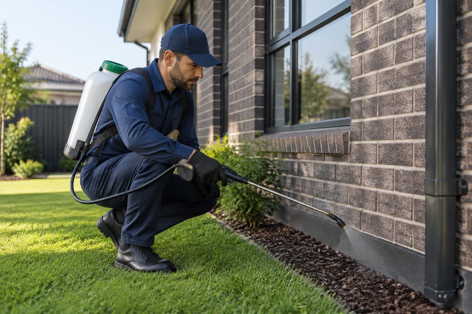 Pest control technician spraying the outside of a Melbourne home